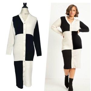Eloquii Black and White Ribbed Knit Button Cardigan Dress NWT!